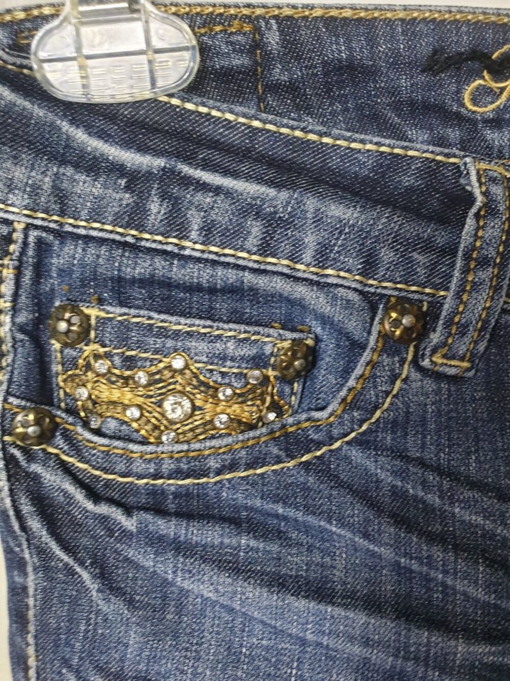 Request Jeans Juniors 5 Jorts Rhinestone Embellished Bermuda Shorts Gold 27" - Picture 5 of 8